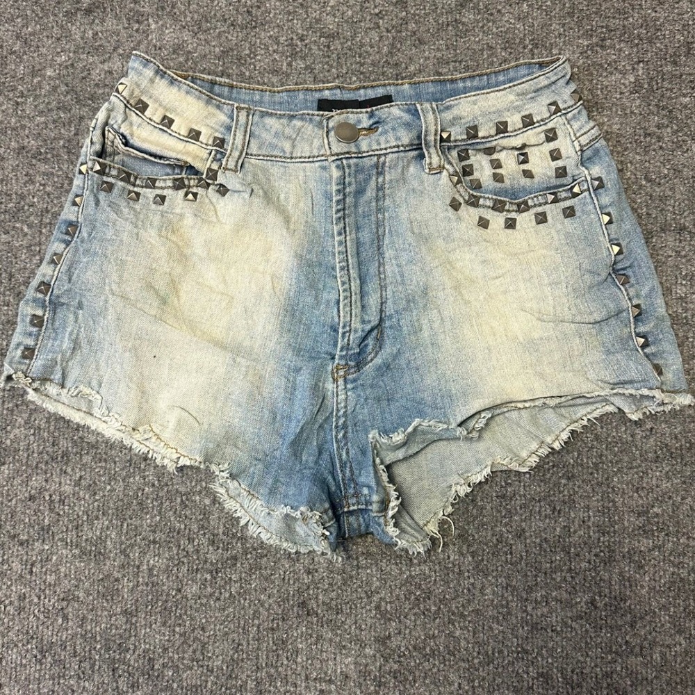 Mono B Denim Shorts Womens Size S Light Wash Studded Skinny Frayed Hem DP5179